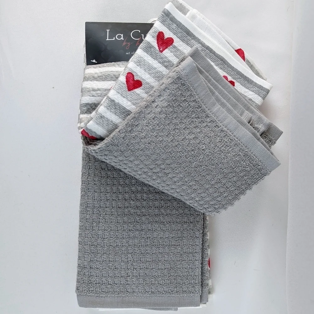 Kitchen Towel Set Of Four (4) Hearts & Stripes  On White (2) Solid Grey NWT